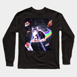 Laser Eyes Space Cat Riding Rainbow Pizza Long Sleeve T-Shirt